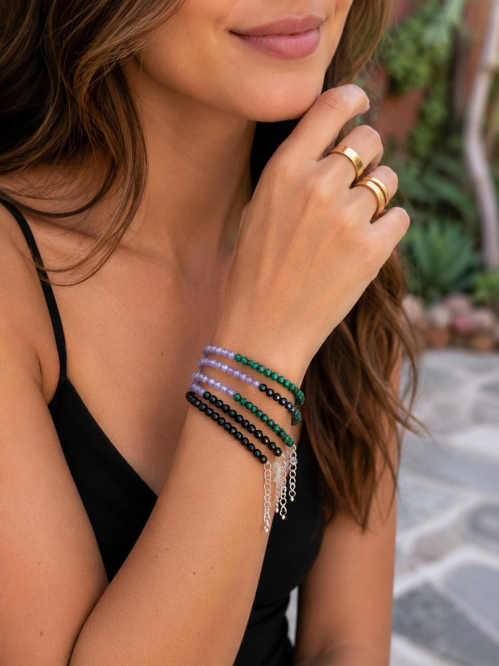pulsera amatista, turmalina y malaquita facetada
