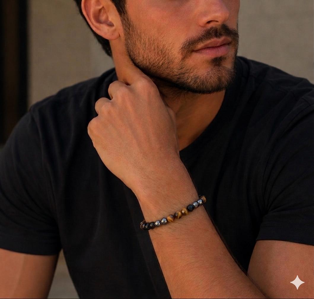 pulsera triple protección, ónix, ojo de tigre, hematite