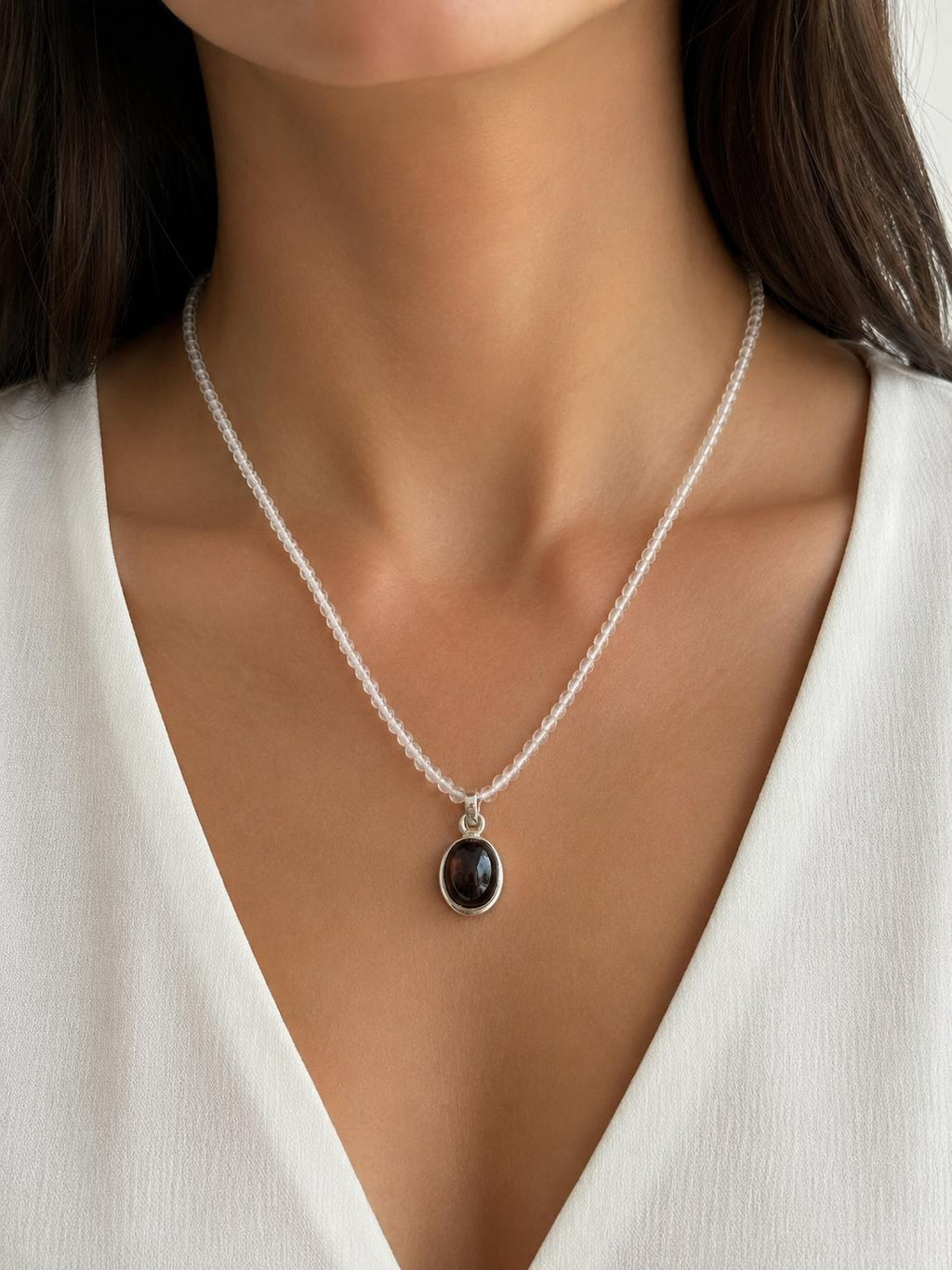 Collar Plata 925 Cuarzo Maestro y Ágata Fuego 40cm