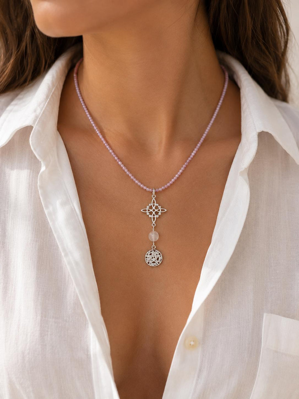 Collar Cuarzo Rosa · Nudo de Bruja y Tetragrámaton · Plata de Ley