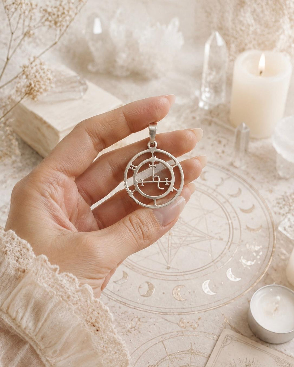 Colgante Diosa Lilith plata 925 fondo blanco, amuleto poder femenino artesanal