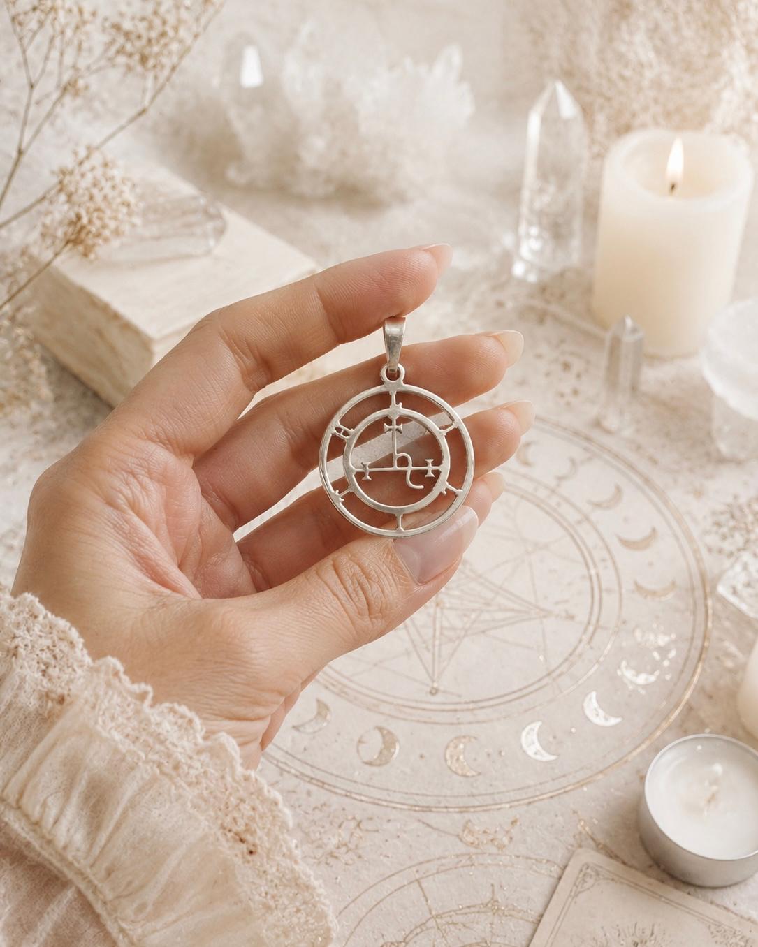 Colgante Diosa Lilith plata 925 fondo blanco, amuleto poder femenino artesanal