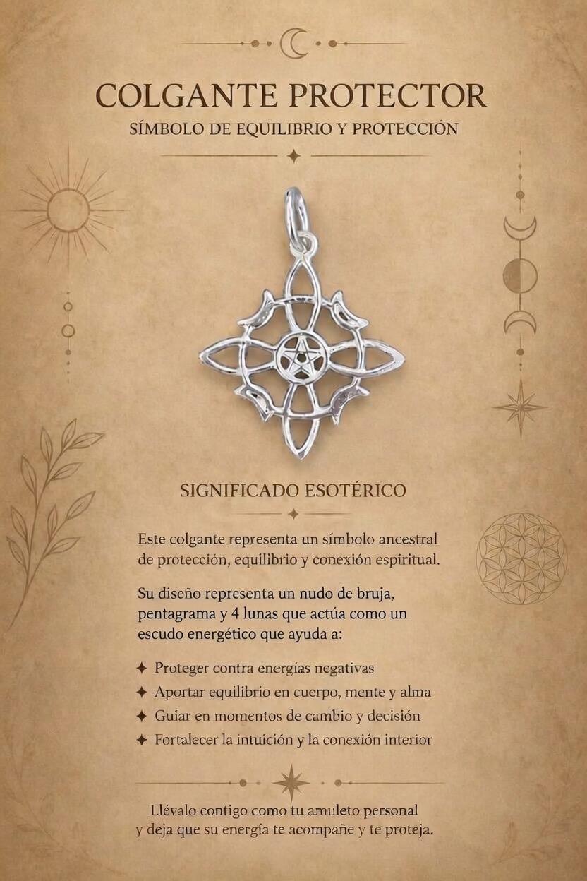 colgante triple protección nudo de bruja, pentagrama y 4 lunas