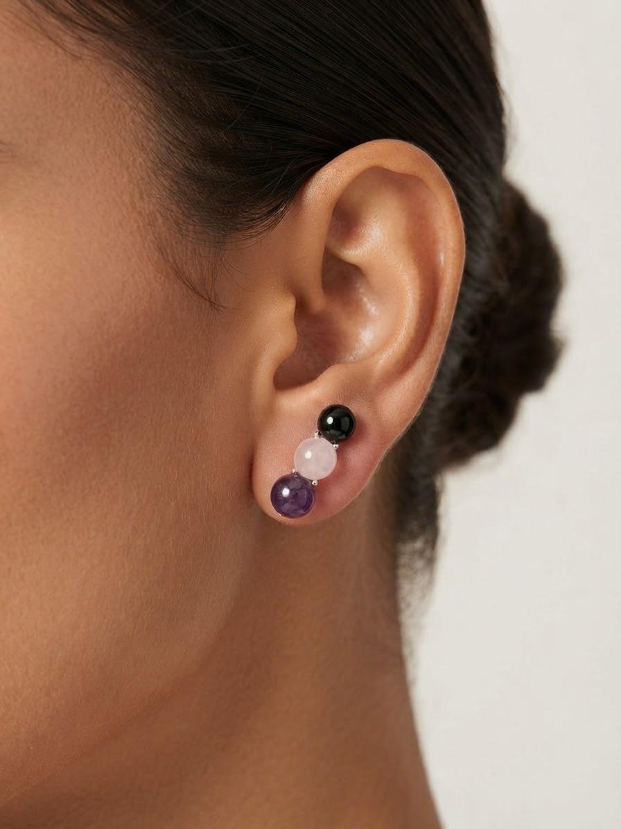 Pendientes Ónix, Amatista y Cuarzo Rosa · Plata de Ley 925