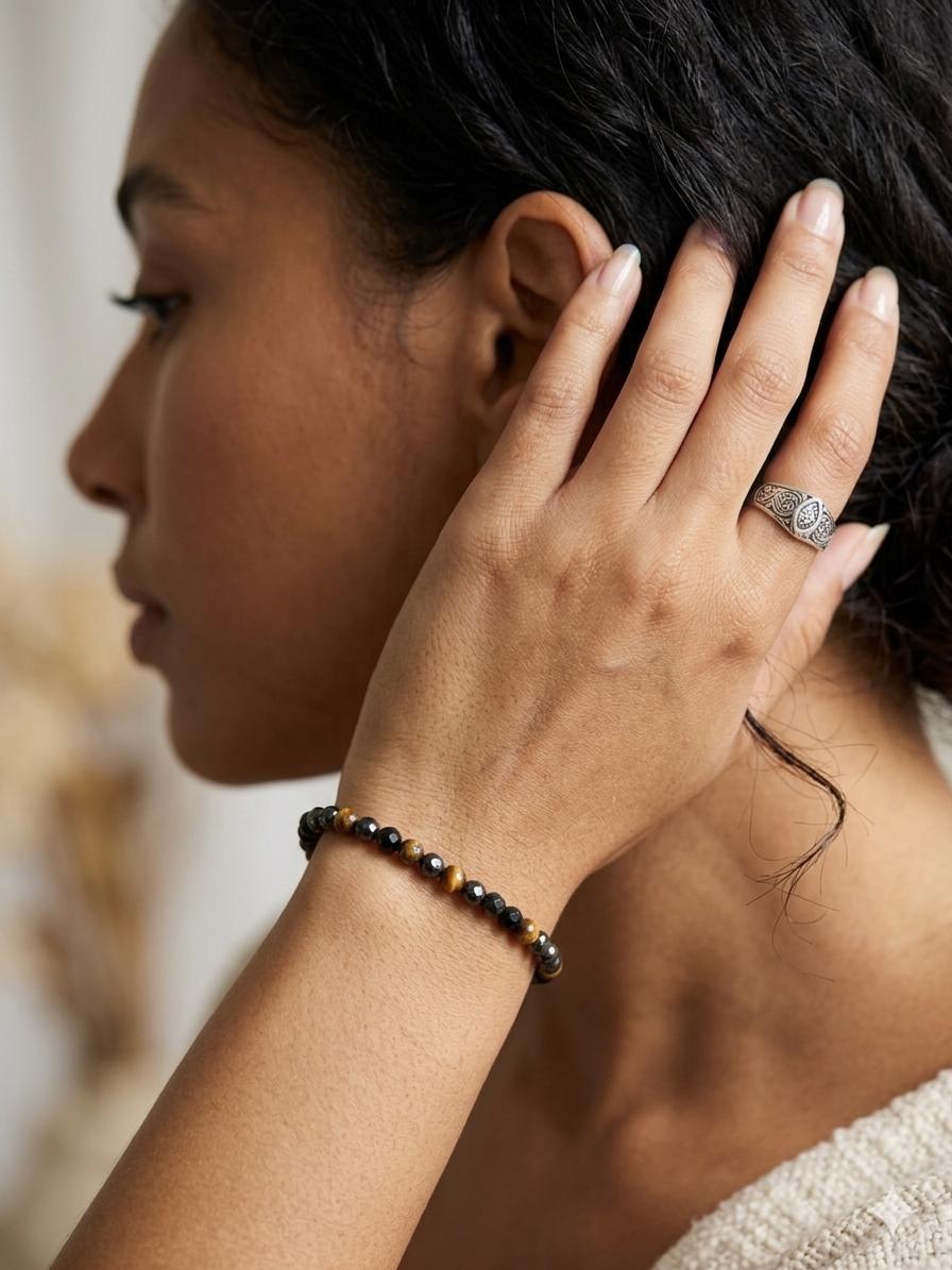 pulsera triple protección, ónix, ojo de tigre, hematite