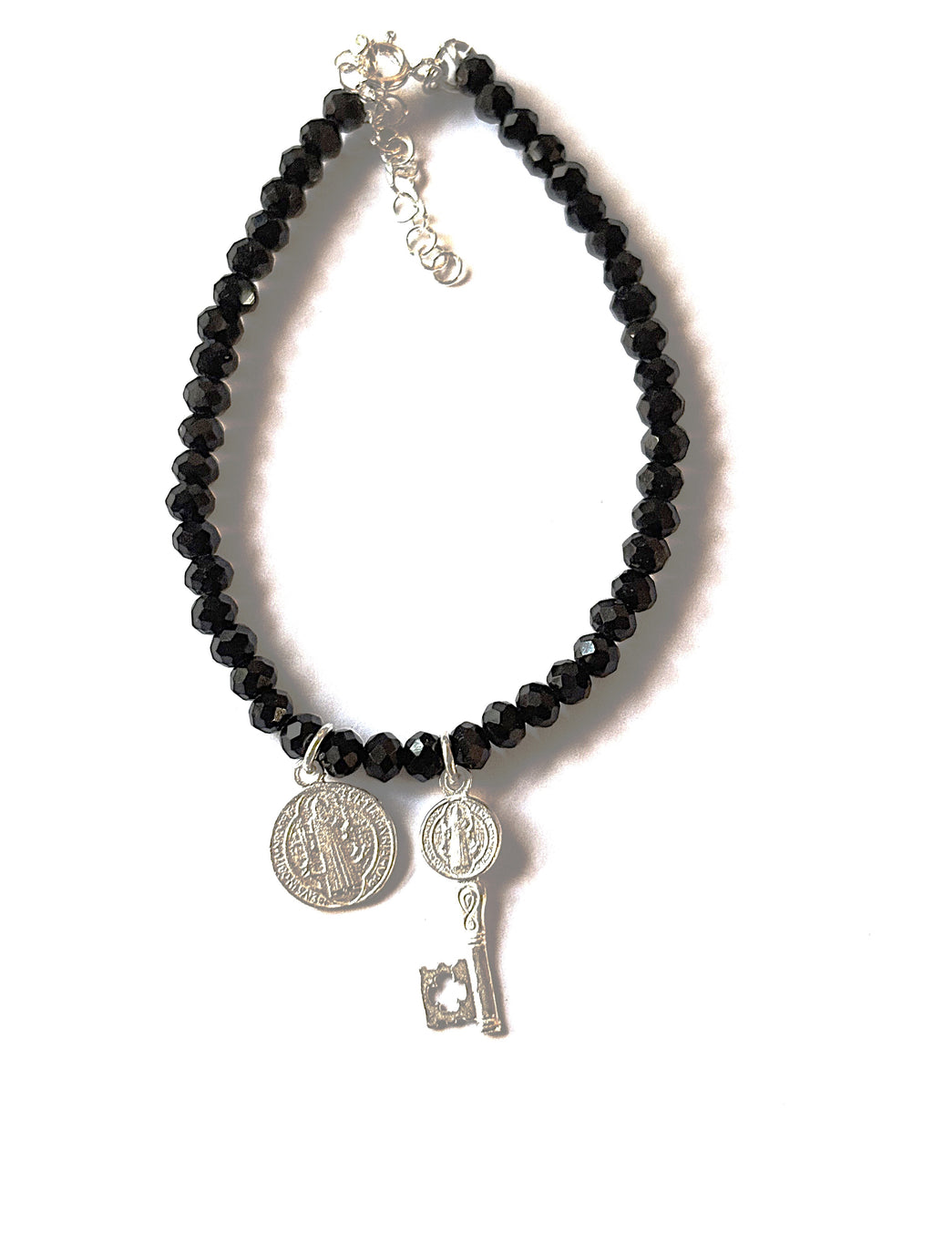 Pulsera turmalina llave y medalla San Benito