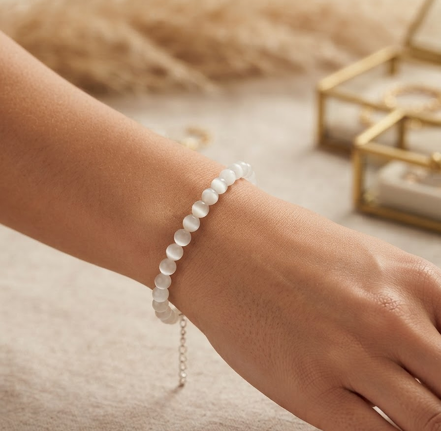 Pulsera Selenita Natural 4mm · Plata 925 | Purificación