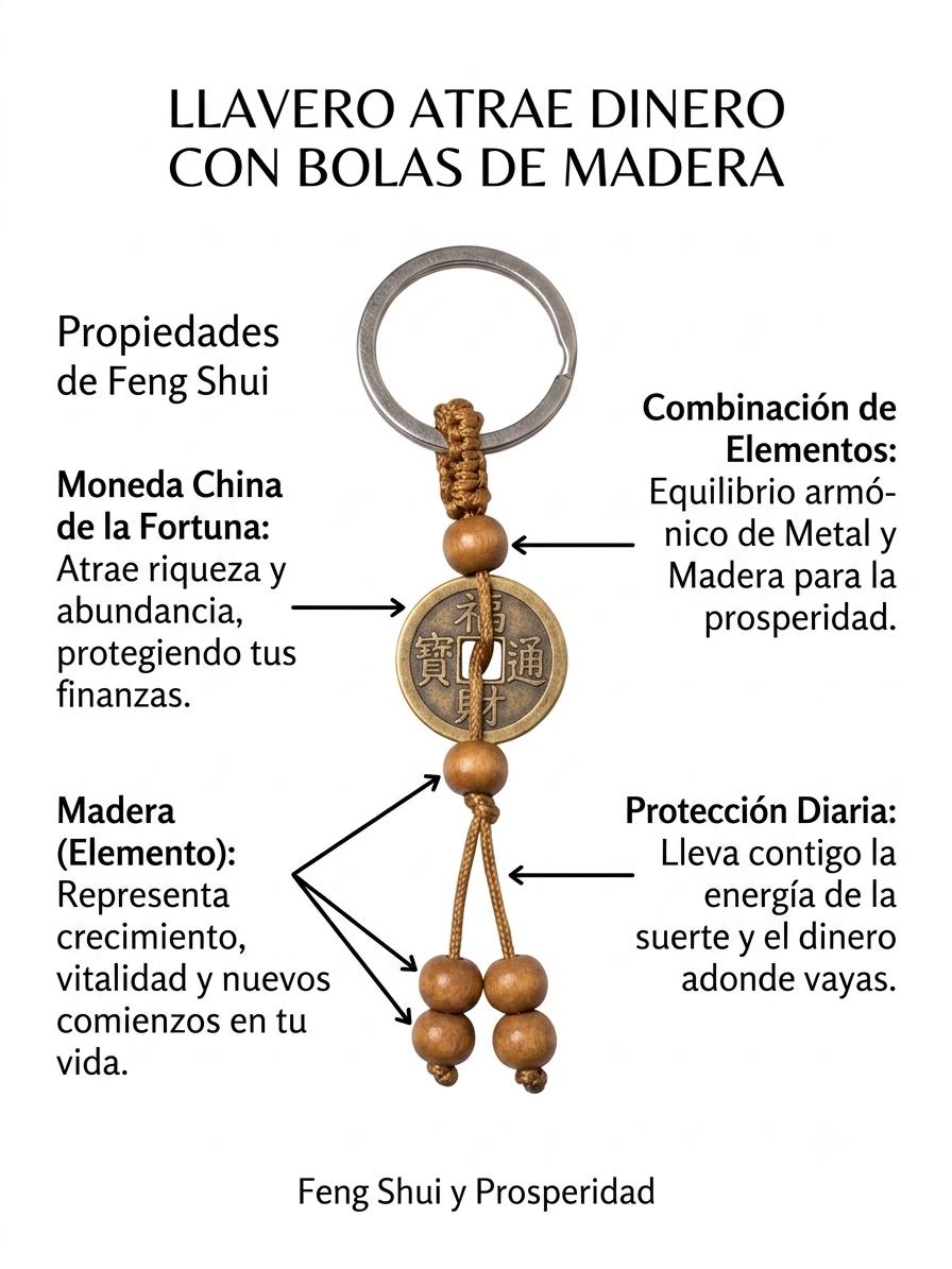 llavero feng shui -ATRAE DINERO- con bolas de madera