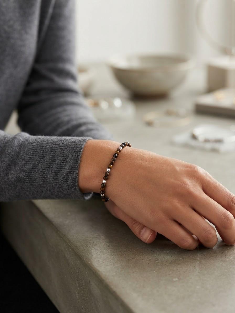 Pulsera Elástica Ojo de Tigre Facetado · Plata 925