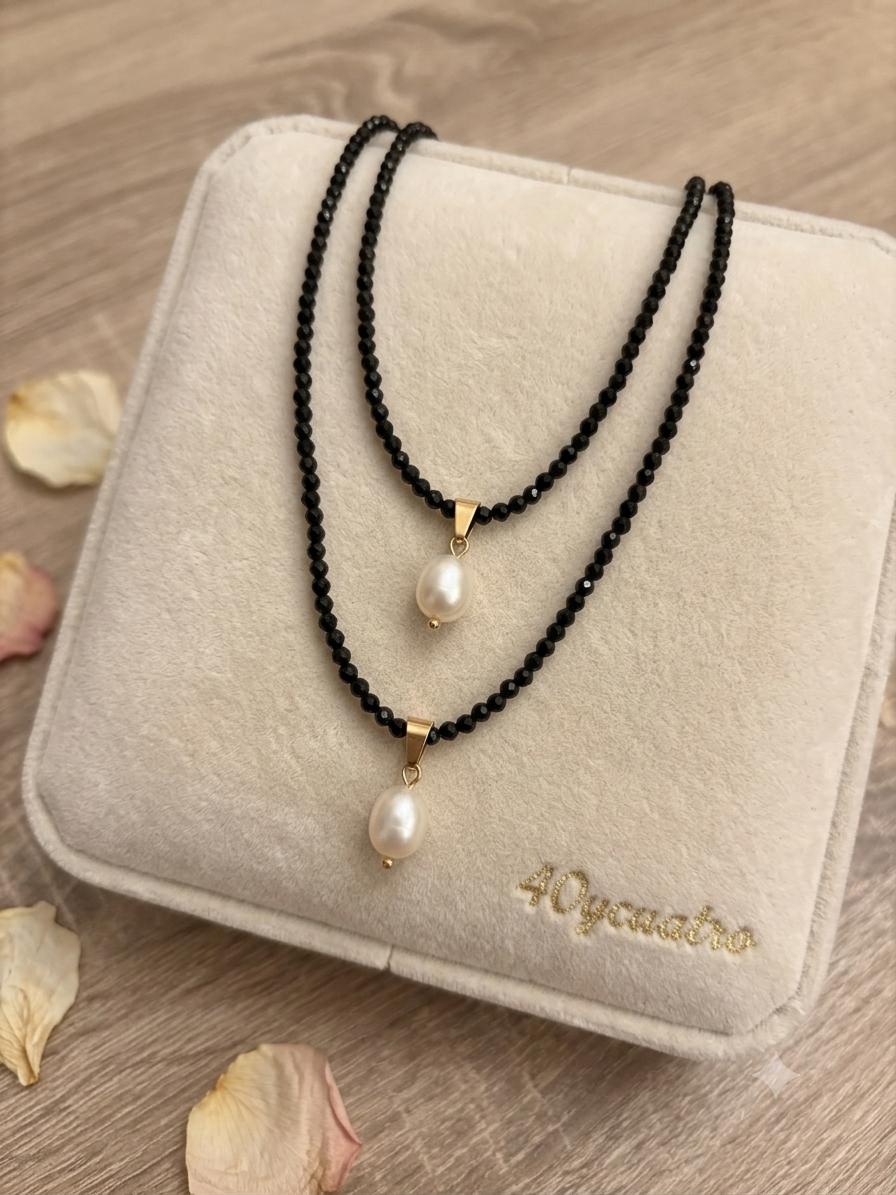 Collar doble turmalina y perla