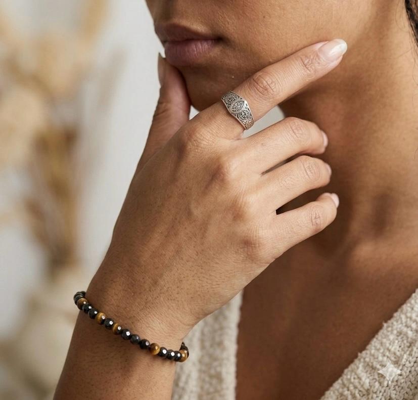 pulsera triple protección, ónix, ojo de tigre, hematite