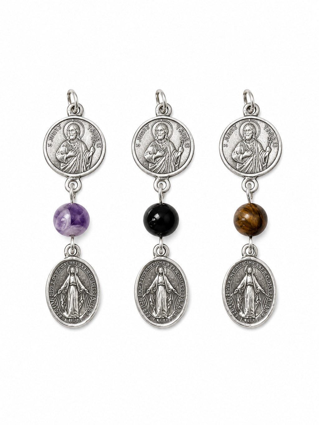 Colgante San Judas Tadeo y Virgen Milagrosa en plata 925 con ónix, amatista y ojo de tigre