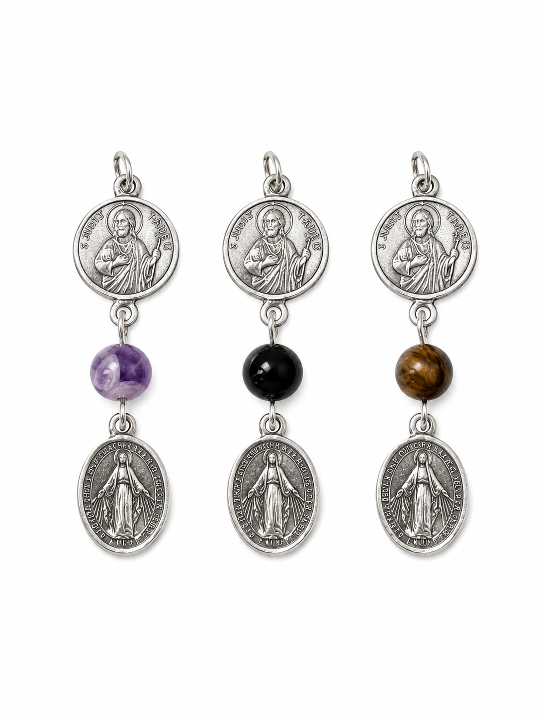 Colgante San Judas Tadeo y Virgen Milagrosa en plata 925 con ónix, amatista y ojo de tigre