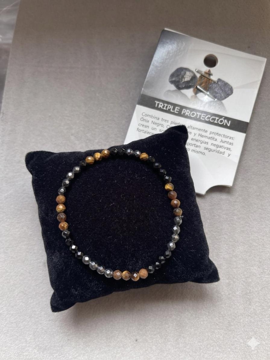 pulsera triple protección, ónix, ojo de tigre, hematite