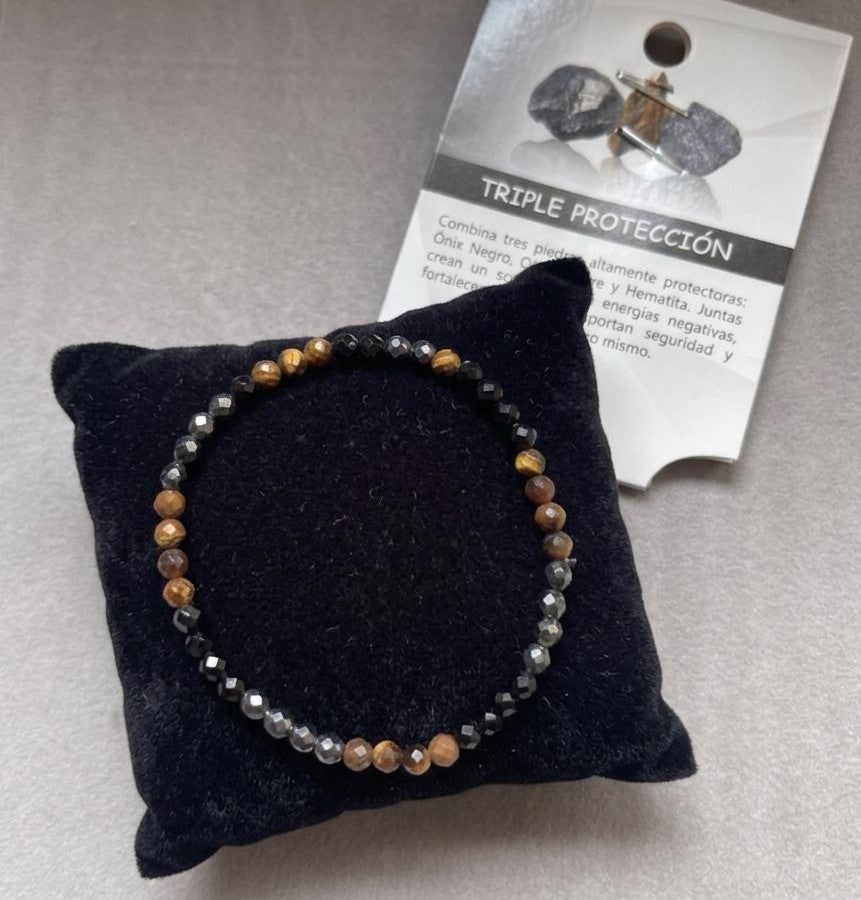 pulsera triple protección, ónix, ojo de tigre, hematite