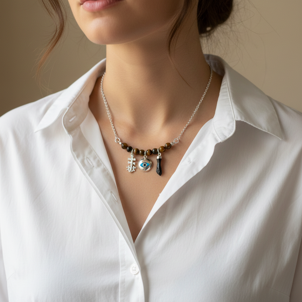Collar amuleto triple protección con ojo de tigre