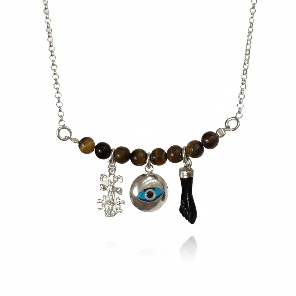 Collar amuleto triple protección con ojo de tigre