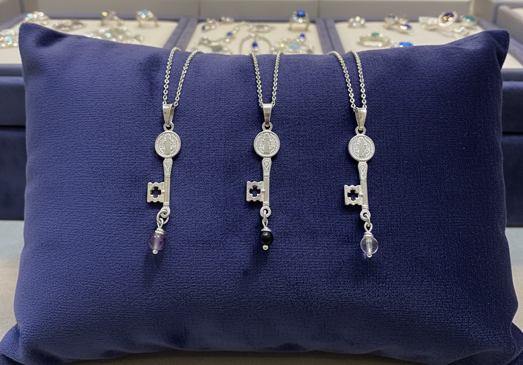 collar llave san Benito con shungita, amatista y cuarzo maestro