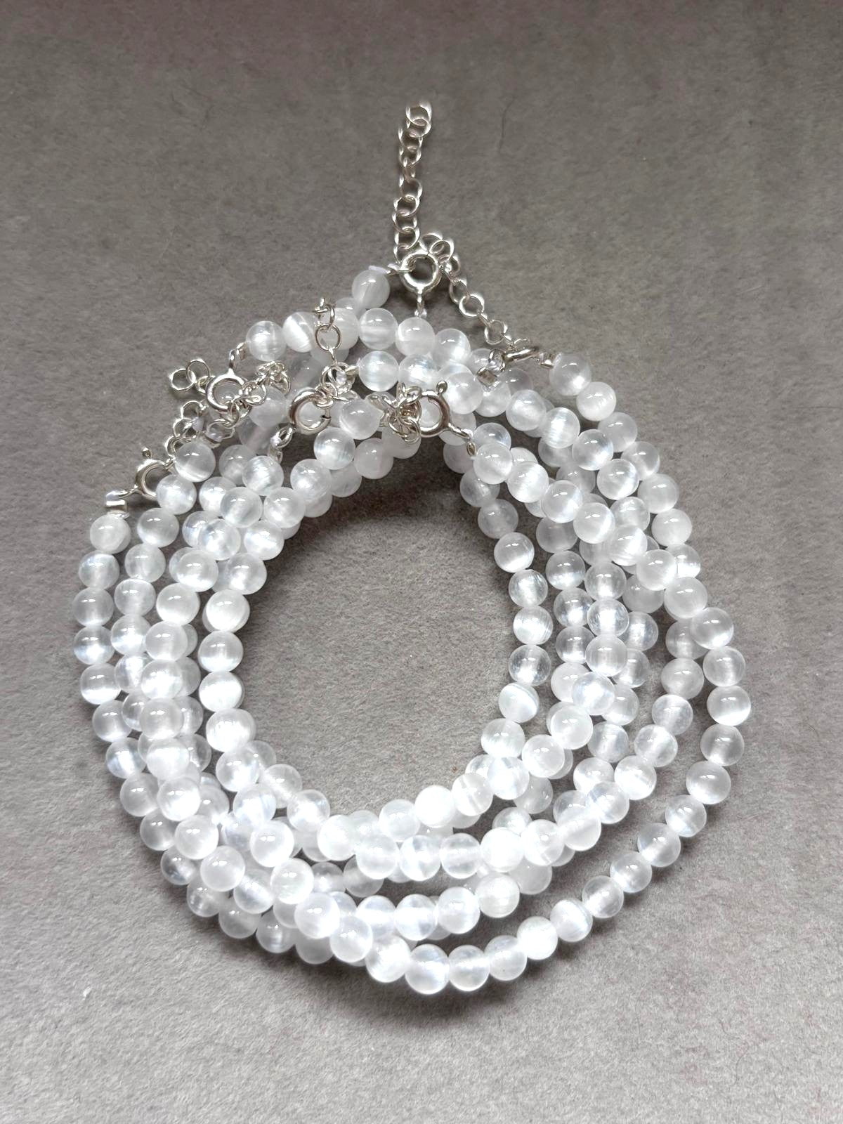 Pulsera Selenita Natural 4mm · Plata 925 | Purificación