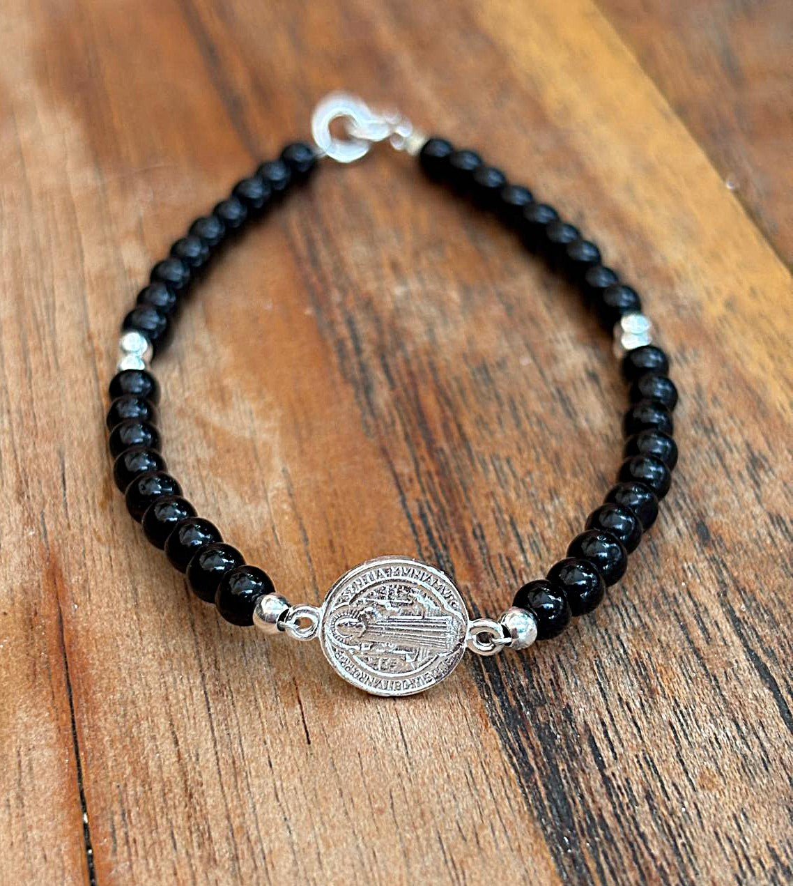 Pulsera Turmalina y Medalla San Benito Unisex 19cm
